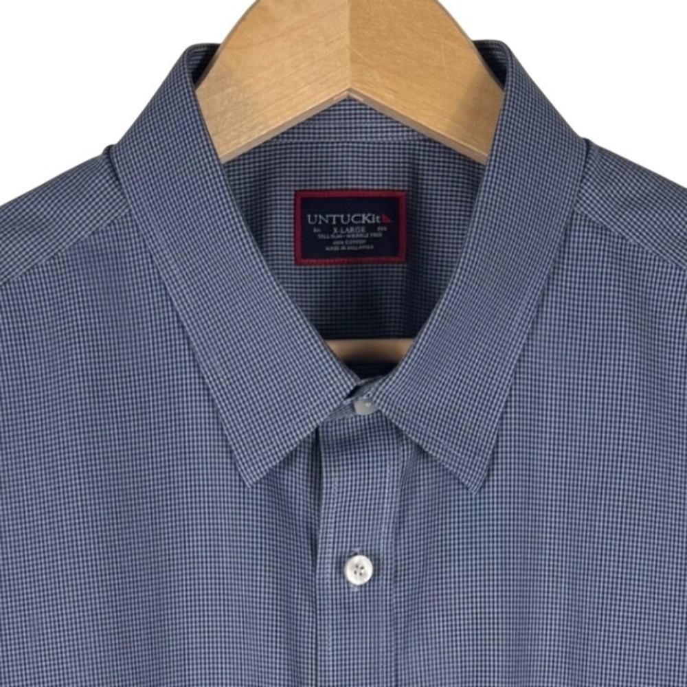 UNTUCKit Cruz WF Blue Micro Gingham Shirt Mens XL Tall Slim Wrinkle Free